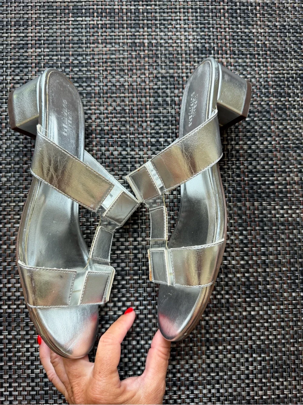 Urban Outfitters Silver Low Block Heel Slide Sandals
